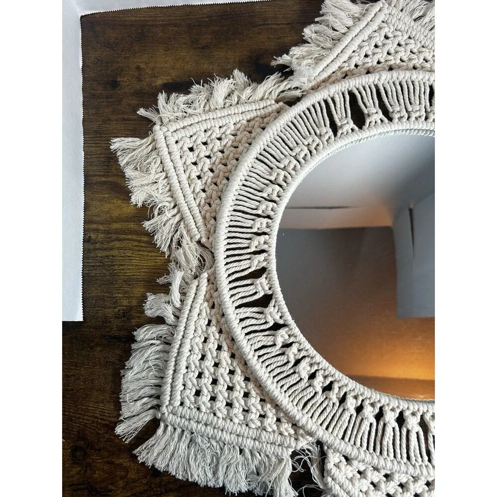 Boho Macrame Wall Mirror Round Fringe Woven Cotton Decor 20” Handmade Chic Home